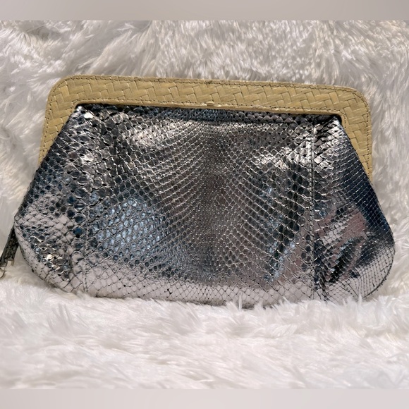 J. Crew Bags J Crew Silver Embossed Leather Woven Rattan Clutch Purse Zipper Works Great